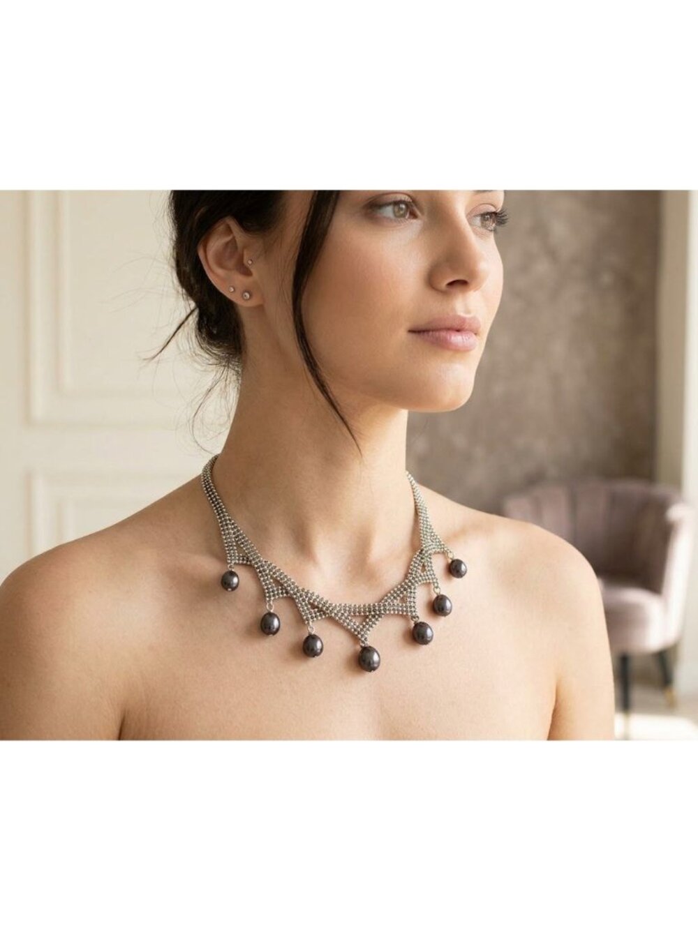 Bijoux NYC Silver-Tone Mesh Necklace Drop Black Pearl 16 Inch Chain